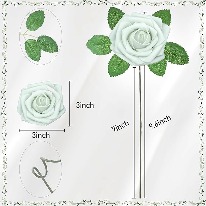 Artificial Flowers, 25pcs Artificial Rose for DIY Wedding Bouquets Centerpieces Arrangements, Light Green Rose Flowers with Stem for Bridal Shower Party Home Decorations