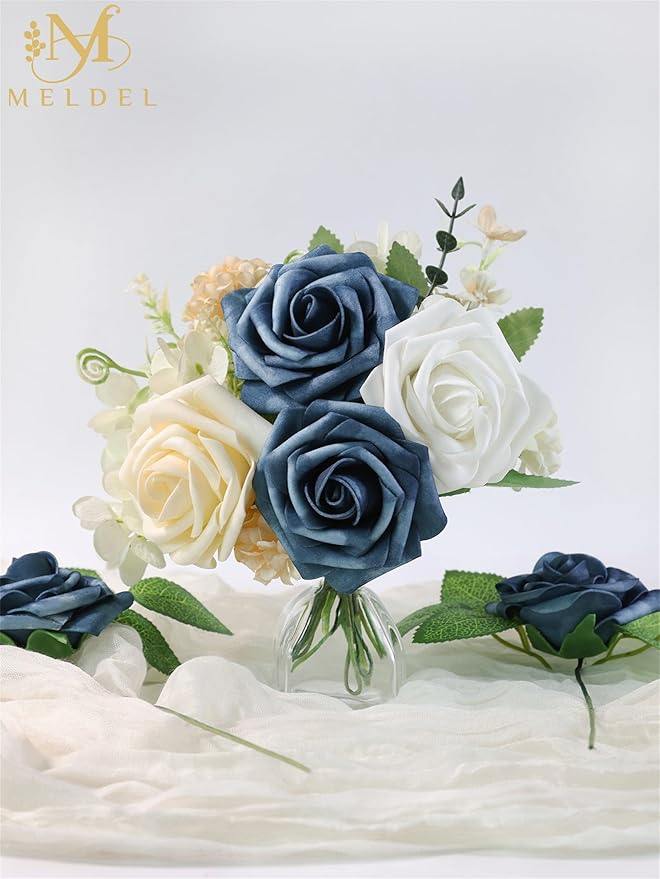 Meldel Artificial Flowers 50pcs Real Looking Dutch Blue Dusty Blue Foam Fake Roses with Stems for DIY Wedding Bouquets Bridal Shower Centerpieces Floral Arrangements Home Decorations Crafts Gifts
