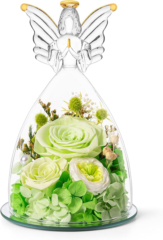 RoseValley Angel Roses Gifts for Mom,Preserved Real Flowers Roses in Glass Angel Figurines,Christmas Birthday Gifts for Grandma Women Mom Wife Mother in Law/Green