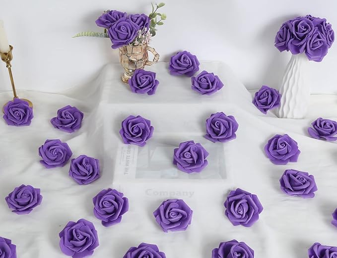 IPOPU Artificial Roses Flowers Heads, 100Pcs Stemless Foam Roses Heads Bulk 3in Fake Flowers for Crafts, Wall Decorations, DIY Wedding Bouquets, Bridal Shower, Party Home Decoration(Dark Purple)