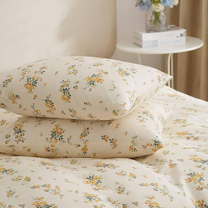 HighBuy 3 Pieces Duvet Cover Full Size White Duvet Cover with Green Floral Print,Soft Cotton Comforter Cover Boho Style,Aesthetic Full Bedding Set with Zipper Closure 4 Ties,All Season