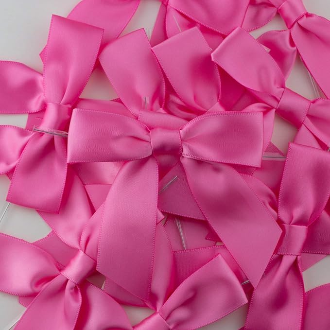 7Rainbows 30pcs Boutique 2.5" Hot Pink Satin Ribbon Twist Tie Bows for Tying Up Packages Gift Wrapping