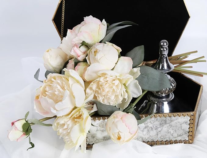 White Artificial Peonies 2 Bouquets Silk Flowers 14Heads Vintage White Fake Flowers Faux Peony Flowers for Flower Arrangements Artificial Centerpiece Home Table Dining Room Decor (Ivory White)