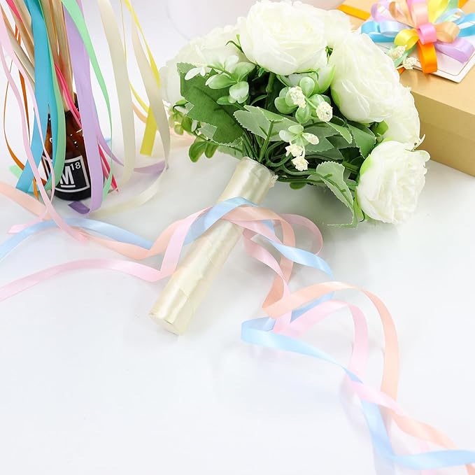 12 Rolls Pastel Rainbow Ribbon 3/8" X 60 Yards Thin Double Face Satin Ribbon Assortment for Crafts, Wreath, Gift Wrapping, Birthday Baby Shower Party Decoration and DIY Handmade Hair Bows