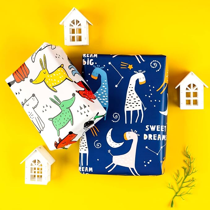 WRAPAHOLIC Birthday Wrapping Paper Sheet - 12 Sheets Adorable Dog Design Folded Flat for Party, Baby Showers, Holiday - 19.7 Inch X 30 Inch Per Sheet