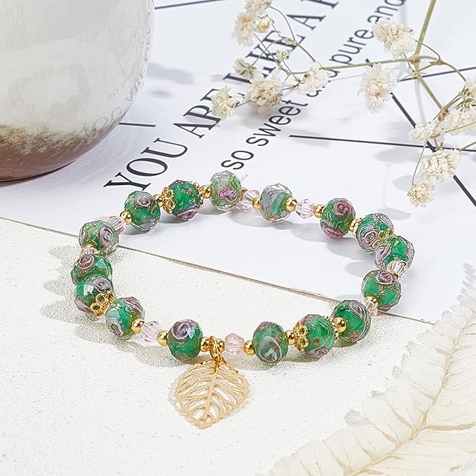 PH PandaHall 70pcs 6~8mm Green Flower Lampwork Glass Beads Rose Glass Beads Gold Sand Lampwork Bead 2mm Hole Handmade Round Loose Bead for Rosary Jewelry Craft Making