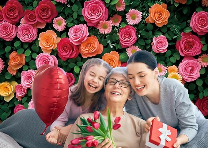 Flowers Backdrop for Photography Colorful Rose Floral Green Leaf Wall Backdrop for Valentine's Day Wedding Bridal Shower Birthday Party Decoration Supplies (82x59 inch (7x5FT))