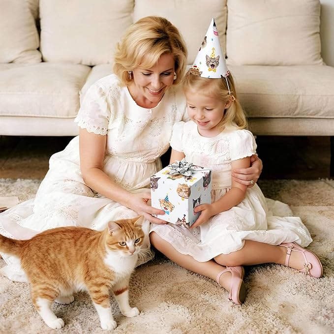 WERNNSAI Cat Wrapping Paper - 1 Roll 17” x 16.4 ft Cute Cat Birthday Wrapping Paper Reversible Kitten Gift Wrap for Birthday Present Packing Decoration with Paw Prints Design