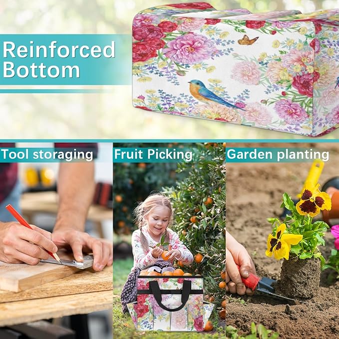 Garden Tool Tote Bag for Women Men Flower Bird Butterfly Gardening Tool Storage Bags with 10 Pockets Standable Garden Home Tool Kits Organizer for Indoor Outdoor Gardening Gifts