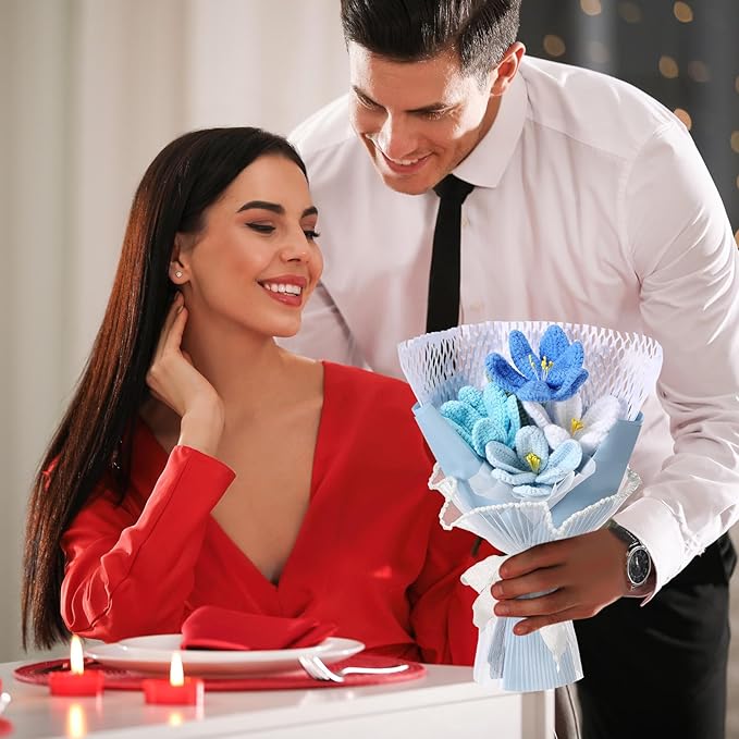 Crochet Flowers Bouquet Gift Christmas Crochet Flower Tulips Completed Handmade Knitted Bouquet with Card for Women Girlfriend Lover Appreciation Gift Birthday Wedding Teacher Decor(Blue)