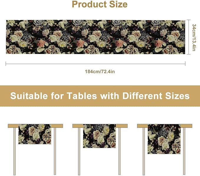 Vintage Flowers Table Runner,Black Rose Peony Gothic Floral Spring Summer Seasonal Table Runner for Home Kitchen Table Dining Indoor Outdoor Party Decor 13x36 Inch