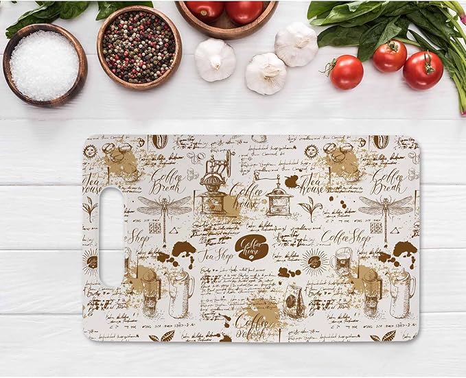 Coffee House Cutting Board Vintage Style Tea Coffee Theme Dragonflies Grip Handle Chopping Boards Cutting Board for Kitchen Plastic 16" x 10" x 0.24"
