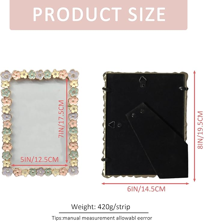 5X7 Wedding Picture Frame with Enamel Finis Glass Front - Ornate Antique Colorful Flowers Metal Photo Frame Tabletop/Wall Display Gifts for Women Photo Frame Tabletop/Wall Vintage
