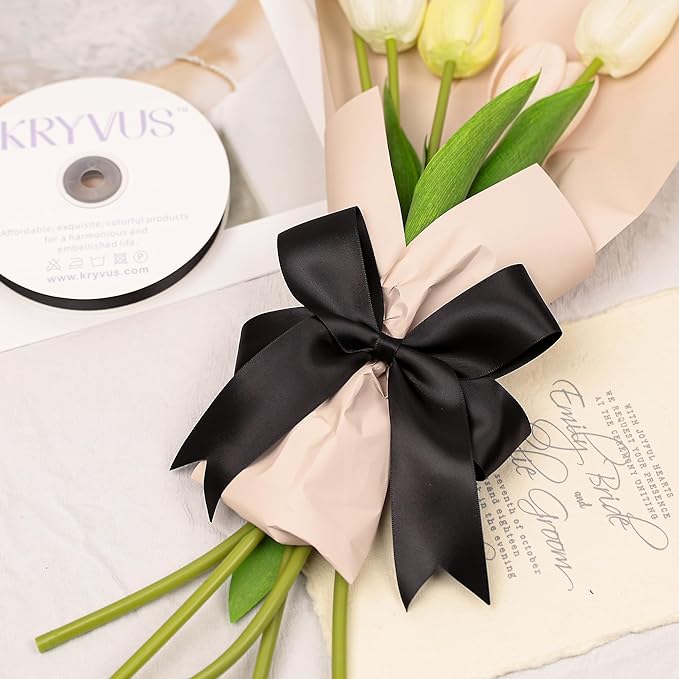 Black Satin Ribbon, Double Faced 1-1/2 Inch X 50 Yards Black Ribbon, Premium Satin Ribbon for Gift Wrapping, Crafts, Hair Bow Making, Sewing, Flower Bouquet, Wedding Party Decor