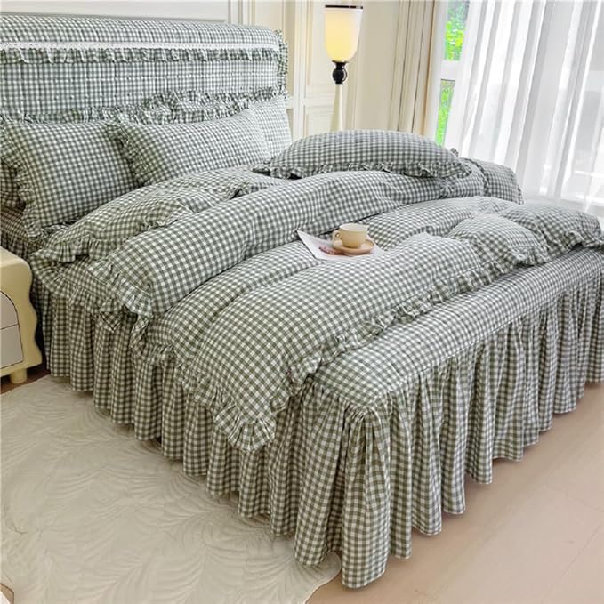 LifeTB Queen Comforter Set Green Gingham Comforter Vintage Ruffle Checkered Pattern Comforter Set Chic Grid Plaid Bedding Comforter Lightweight Fluffy Soft Gingham Bedding Set Queen Breathable