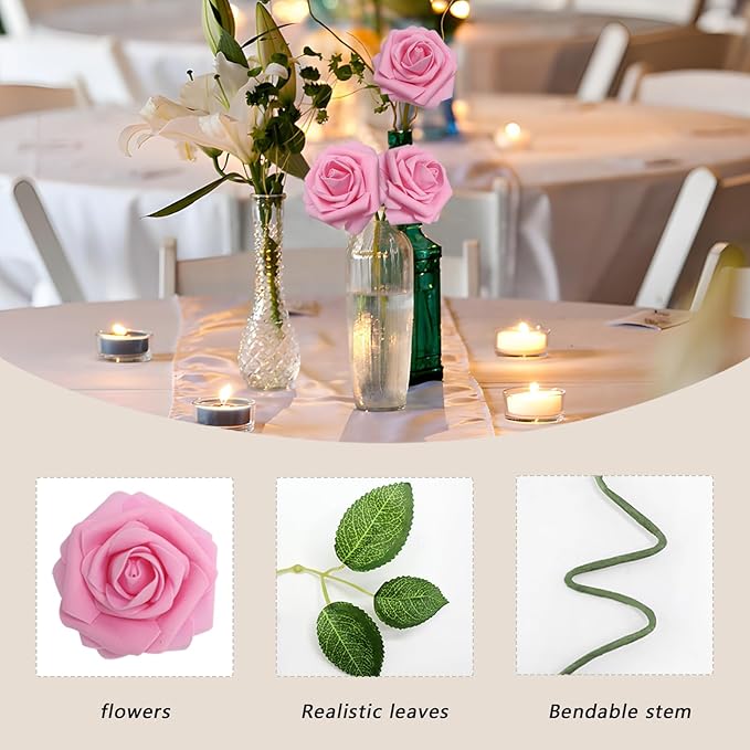 Artificial Flowers Dark Pink Roses 100PCS Real Looking Foam Fake Roses with Leaves and for DIY Wedding Bouquets Bridal Shower Centerpieces Party Decorations (Dark Pink, 100)