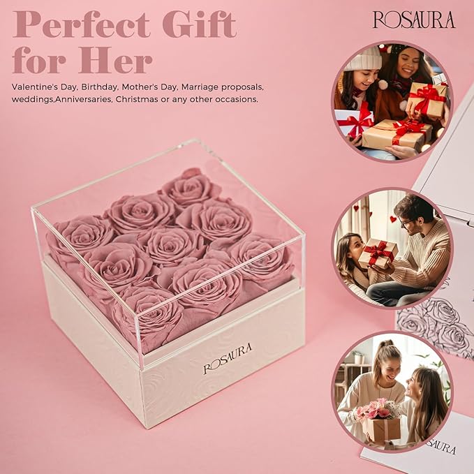 Rosaura Square Preserved Roses Gift Box - Real Forever Flowers in Clear Acrylic Lid, Valentine's for Women (Cappuccino, 9 Roses)