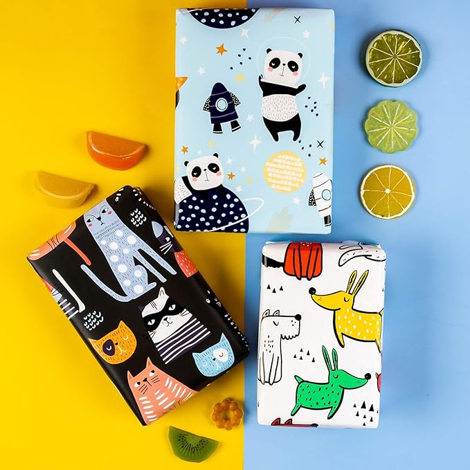 WRAPAHOLIC Birthday Wrapping Paper Sheet - 12 Sheets Adorable Cat Design Folded Flat for Party, Baby Showers, Holiday - 19.7 Inch X 30 Inch Per Sheet