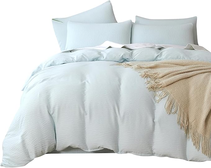Duvet Cover King Size Glacier Blue, 3 Pieces Double-Layer Crinkle Gauze Soft Bedding for All-Season Lightweight Breathable Comfy with 2 Pillowcases