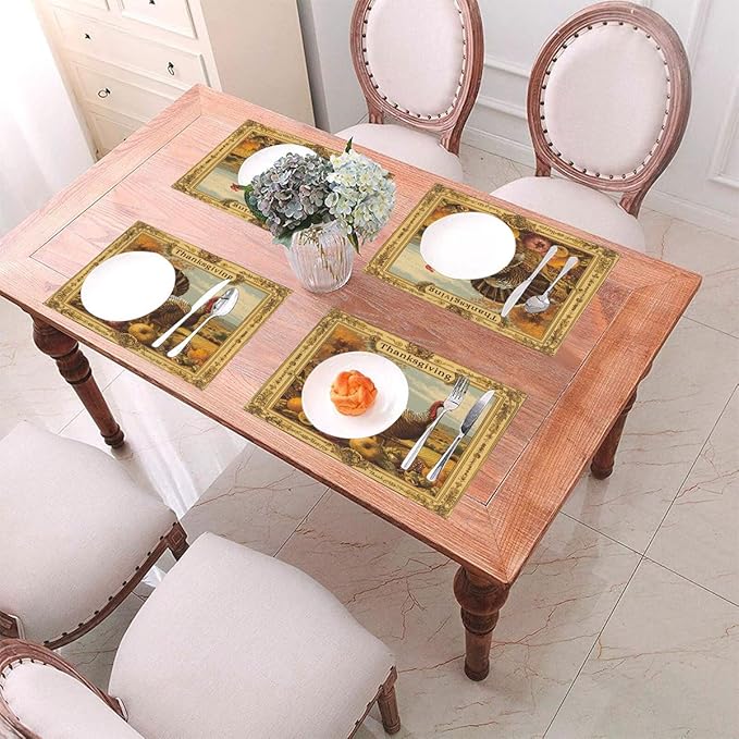 PVC Placemats Set of 6 Wipeable Table Mats Washable Heat Resistant Non Slip Vinyl Dining Table Mat for Kitchen Indoor Outdoor Patio Farmhouse Place Mats Retro Turkey Thanksgiving Decorative