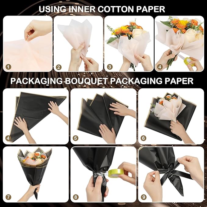 FF Sgdfc 300 Sheets Gold Edge Flower Wrapping Paper Waterproof Bouquet Packaging Paper Florist Bouquet Supplies for Wedding DIY Craft Gift Packing (30 Colors)