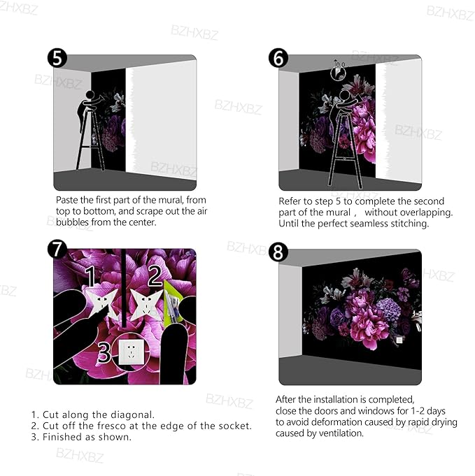 Black Peony Floral Wallpaper Bedroom Purple Botanical Flowers Leaf murals Living Room tv Background Large Wall Mural Aesthetic Room Decor - 91"x65" Not Peel and Stick
