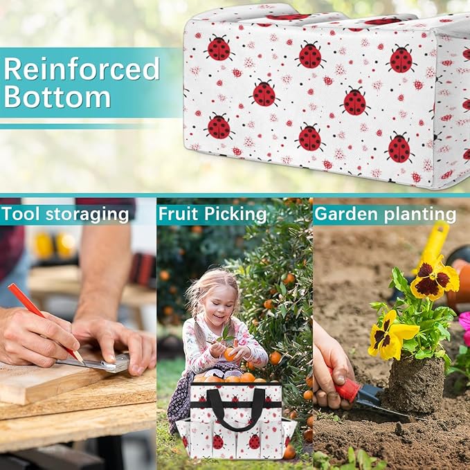 Garden Tool Tote Bag for Women Men Ladybugs Gardening Tool Storage Bags with 10 Pockets Standable Garden Home Tool Kits Organizer for Indoor Outdoor Gardening Gifts