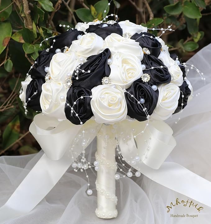 Bridal Wedding Bouquet Round Bling Brooch Bouquet Throw Toss Artificial Rose Flower Bunch for Bride Bridesmaid Wedding Quinceanera(Black & Ivory, 7.5")