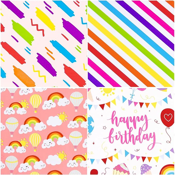 WRAPAHOLIC Birthday Wrapping Paper Sheet - 12 Sheets Rainbow Clouds and Birthday Celebratory Design Folded Flat for Party, Baby Showers - 19.7 Inch X 30 Inch Per Sheet