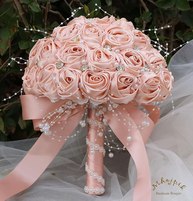 Bridal Wedding Bouquet Round Bling Brooch Bouquet Throw Toss Artificial Rose Flower Bunch for Bride Bridesmaid Wedding Quinceanera(Peach Pink, 8.7")