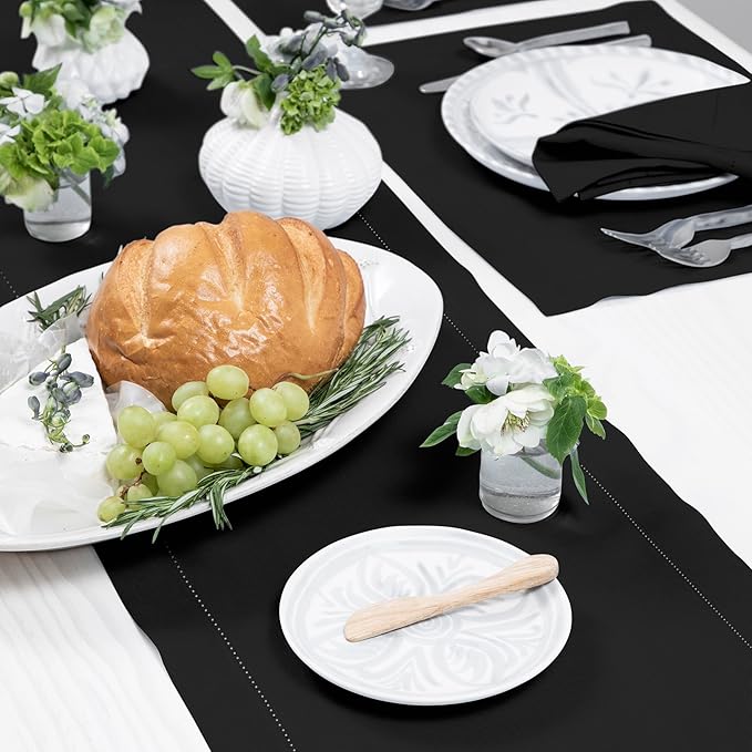Solino Home Linen Black Table Runner 144 Inches Long - 100% Pure Linen Extra Long Table Runner 14 x 144 Inch for Spring, Easter - Classic Hemstitch