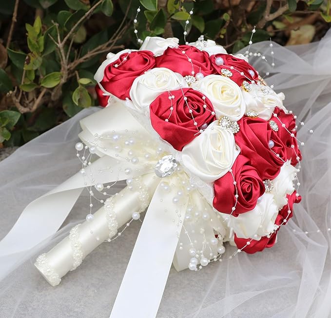 Bridal Wedding Bouquet Round Bling Brooch Bouquet Throw Toss Artificial Rose Flower Bunch for Bride Bridesmaid Wedding Quinceanera(Ruby Red & Ivory, 9.8")