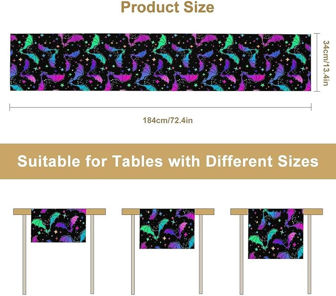 Gothic Table Runner,Colorful Bat Star Pattern Table Runner for Home Kitchen Table Dining Garden Farmhouse Wedding Party Decor 13x108 Inch