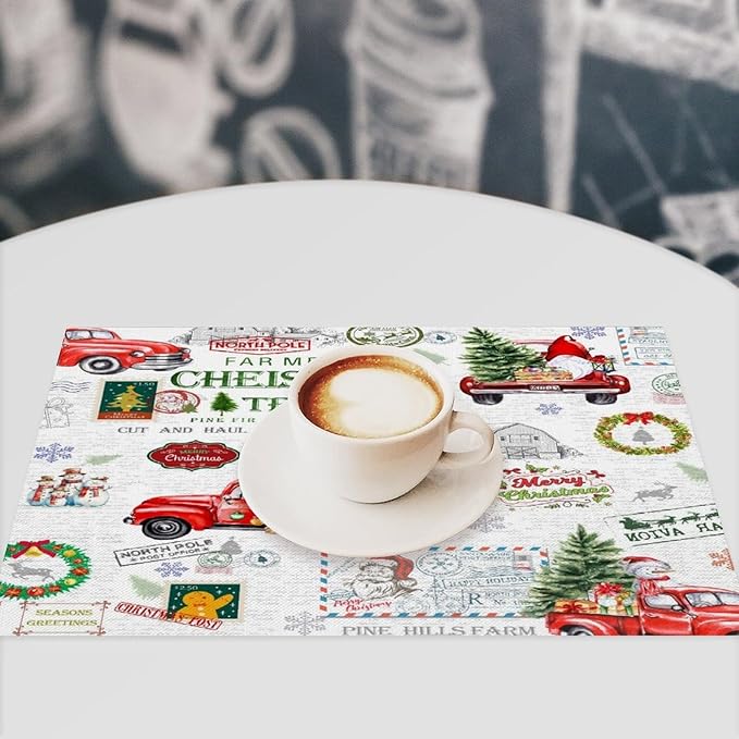 Christmas Placemats Simple Rustic Christmas Tree Red Gnome Truck Christmas Bells Gifts Wreath Snowman Greeting Card Placemats Table Kitchen Dining Party 12x18 Inch Set of 4