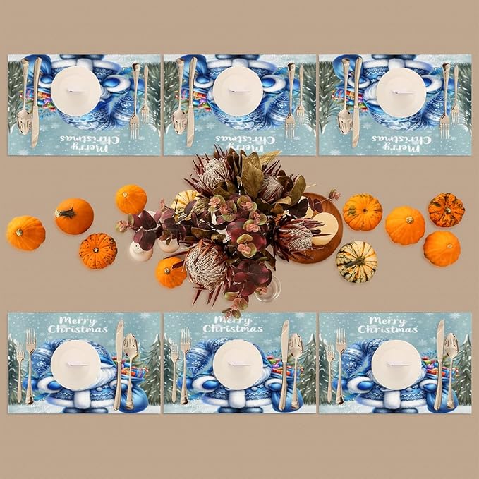 Xmas Christmas Gnomes Bule Snowflake Placemats Set of 1 PVC Vinyl Non Slip Table Mats Heat Resistant Place Mats Washable Wipeable Dining Table Mat for Kitchen Party Indoor Outdoor Decorative Gift