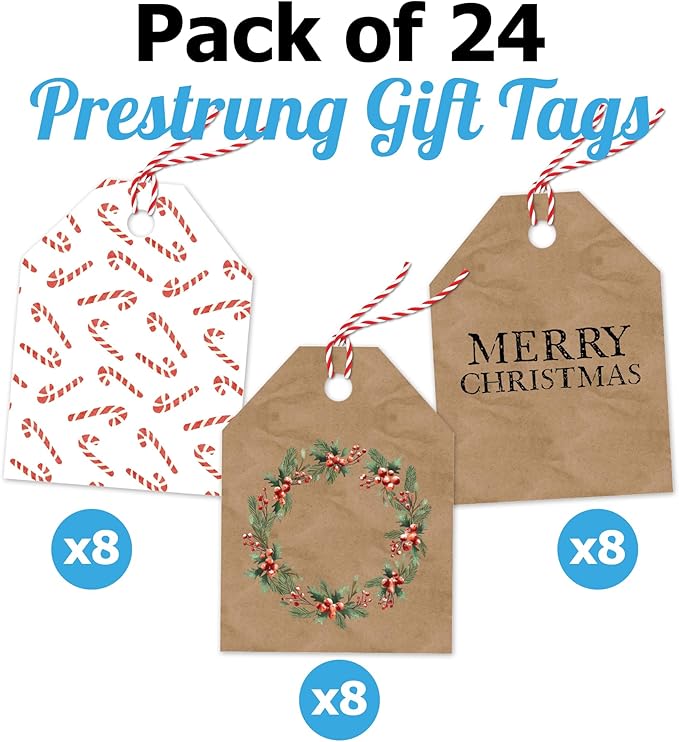 Pro Supply Global 24 Count of 2.5 Inch x 3 Inch Pre Strung Christmas Candy Canes Gift Tag Assorted Printed Designs on Large Cardstock Gift Hang Tags - Ideal to Use on Bags
