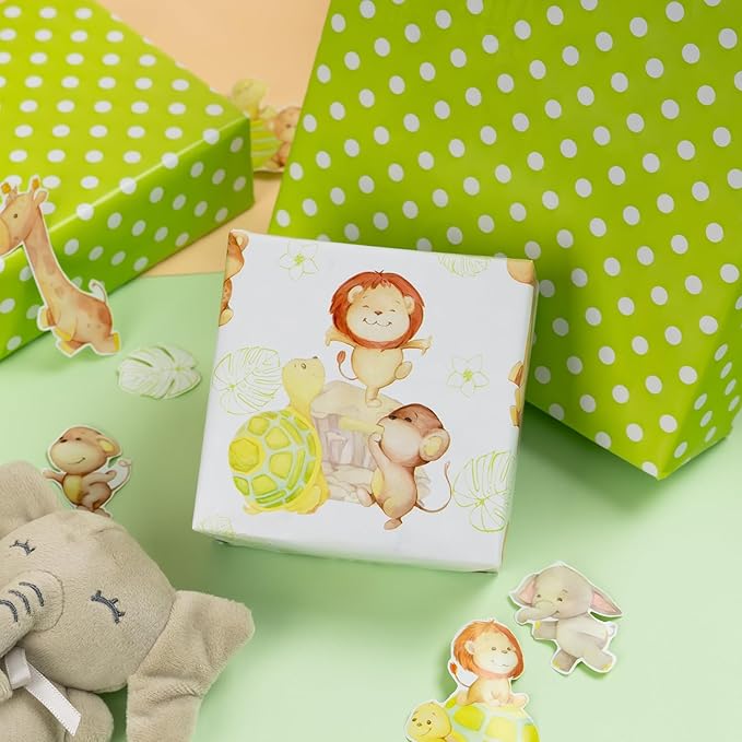 HOMERAL Baby Shower Wrapping Paper Roll - Jungle Animal Design - 17 Inch x 32.8 Feet (46.8 sq.ft) Green Gift Wrap with Lion, Elephant, Turtle, Giraffe, Zebra, Perfect for Baby Boy & Girl, Birthday, Gender Reveal, Holidays
