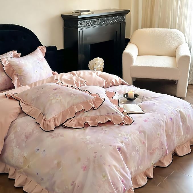 HighBuy Brushed Cotton Duvet Cover Full Ruffle Lace Floral Bedding French Style Floral Print,Vintage Duvet Cover Set Blush Flower Shabby Chic Bedding Comforter Cover Set,Soft and Breathable
