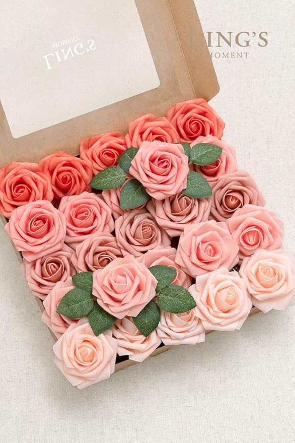 Ling's moment Artificial Flowers, 25Pcs 3" Roses in Coral Shades, Realistic DIY Foam Floral Decor for Wedding Bouquets/Centerpieces, Outdoor Party Backdrops, Room/Table, and Garden/Pot Decorations