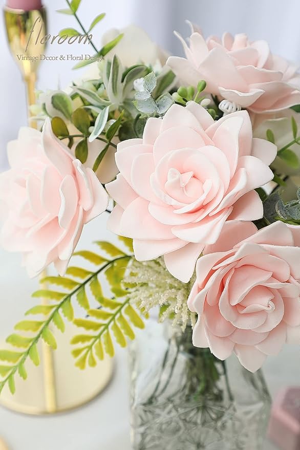 Floroom Artificial Gardenia Flowers 2.7" 25pcs Real Looking Blush Foam Fake Flowers with Stems for DIY Wedding Bouquets Pink Bridal Shower Centerpieces Floral Arrangements Party Tables Decorations