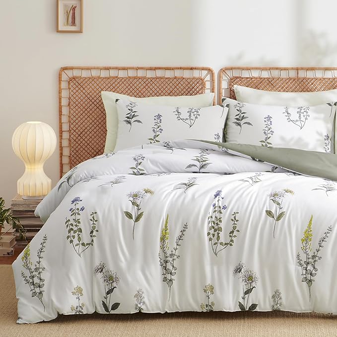Nayoroom Floral Duvet Cover Full Size White Green Botanical Flower Cottagecore Bedding Set 3 Pieces Soft Lightweight Reversible Aesthetic Duvet Cover with Zipper Closure