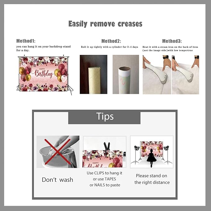 LTLYH 7x5ft Happy Birthday Decorations Women Girls Birthday Party Backdrop Glitter Pink Floral Party Banner Background Elegant Rose Gold Birthday Decorations Backdrop 178 
