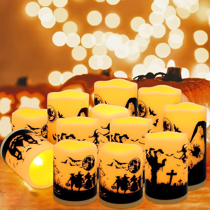 12-Pack Halloween Ink Painting Large Electronic Waxes with Remote Control, Flameless LED Candles for Halloween Spooky, Halloween Ambient Sense Artifacts.