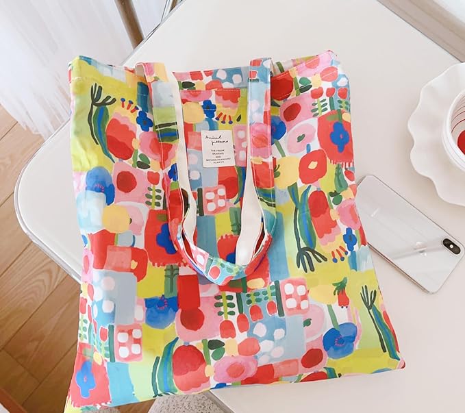 Cotton Canvas Tote Bag Reusable Soft Grocery Cloth Bag Floral Shoulder Bag for Beach Travel Shopping