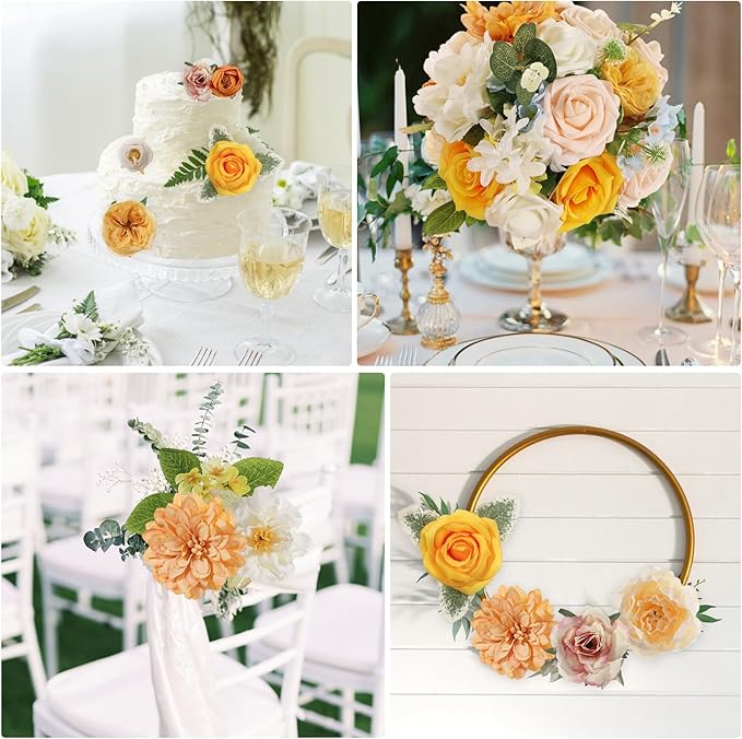 Artificial Flowers Combo Box Set Artificial Bouquets Wedding Flowers Faux Orange Flowers Roses with Stems for Wedding Centerpieces Party Home Decor