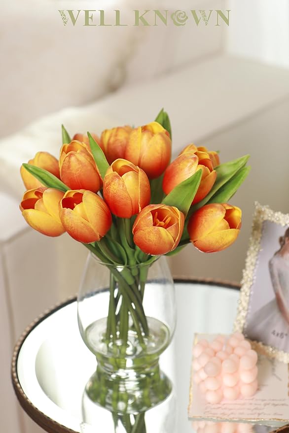 WELL KNOWN 12 Pcs Tulips Artificial Flowers in Vase, Real Touch Tulips with Vase with Upgrate Acrylic Water Flower Arrangements Centerpiece for Dining Room Table Decoration(Orange)