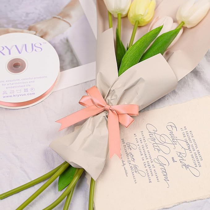 Peach Satin Ribbon, Double Faced 5/8 Inch X 25 Yards Peach Ribbon, Premium Satin Ribbon for Gift Wrapping, Crafts, Hair Bow Making, Sewing, Flower Bouquet, Wedding Party Decor