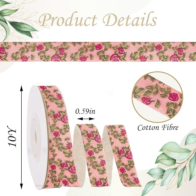 Pink Floral Ribbon 5/8" x 10Yards Vintage Flower Ribbons for Bow Wreath Craft Gift Wrap, Floral Flowers Printed Cotton Ribbon for DIY Handmade Hair Bow Festival Wedding Home Party Decor
