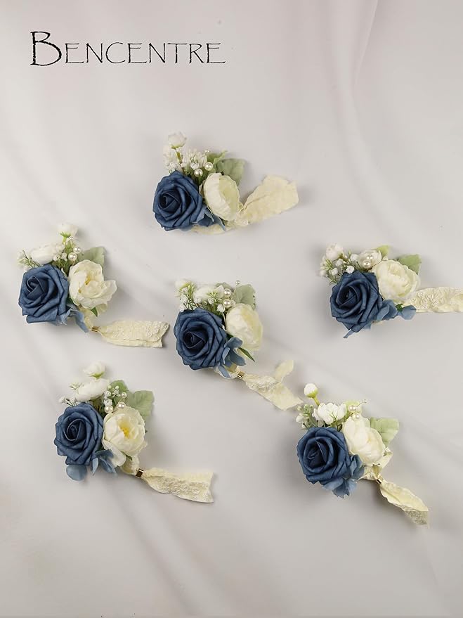 Dusty Blue Corsages for Wedding(Set of 6),Corsages for Prom,Party Prom Hand Flower Decor,Mother of The Bride Corsage,Bridesmaid Wrist Corsage