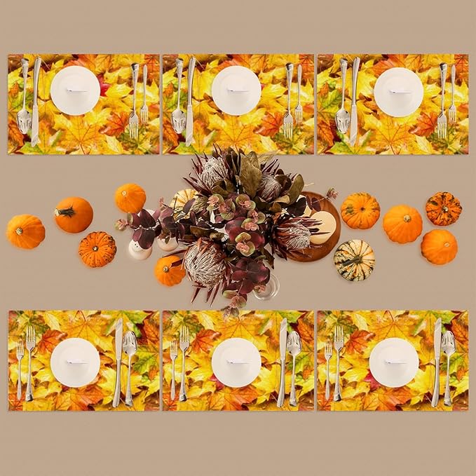 Autumn Maple Leaf Fall Placemats Set of 6 PVC Vinyl Non Slip Table Mats Heat Resistant Place Mats Washable Wipeable Dining Table Mat for Kitchen Decor Party Indoor Outdoor Decorative Gift